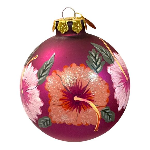 Seasons Cannon Falls Hand-Painted Glass Christmas Ornament Pink Hibiscus Flowers - Picture 1 of 6